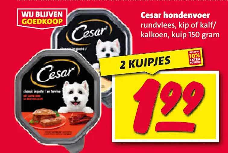 Cesar hondenvoer rundvlees, kip of kalf/kalkoen, kuip 150 gram