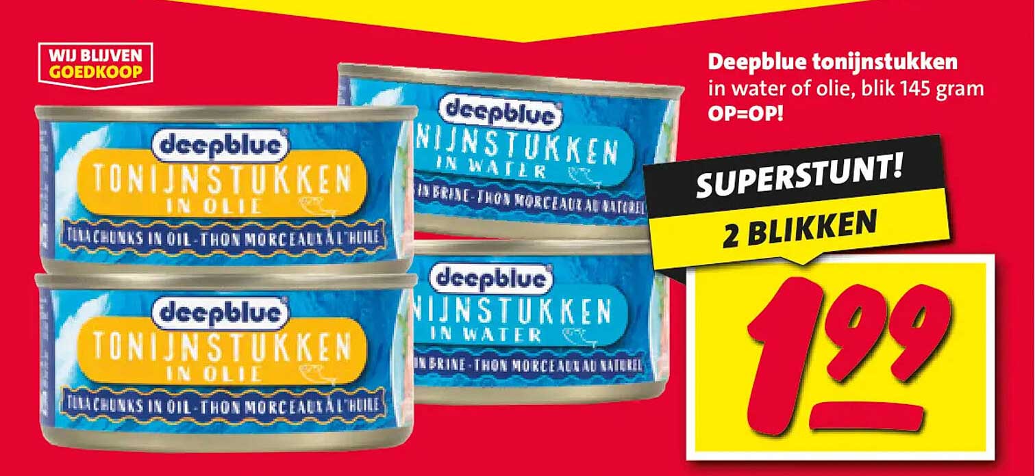 Deepblue tonijnstukken in water of olie, blik 145 gram