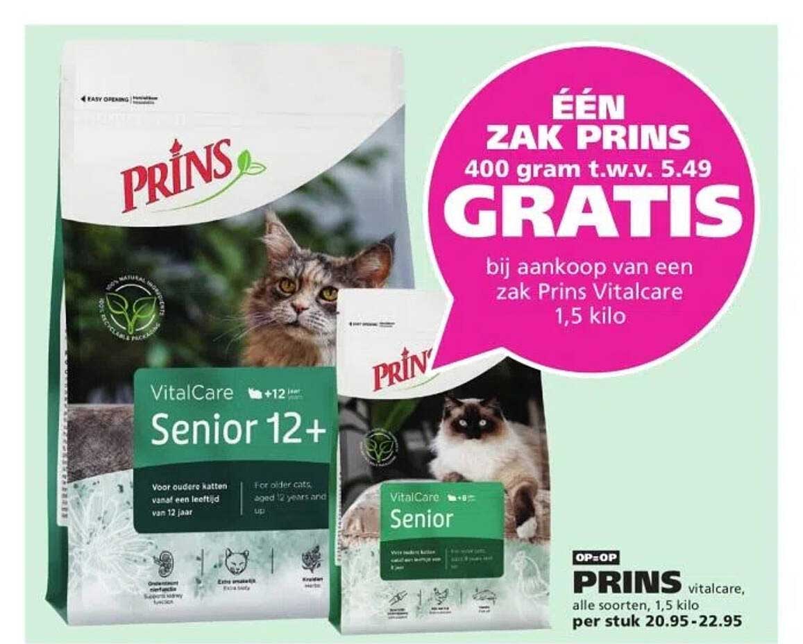 ÉÉN ZAK PRINS 400 gram t.w.v. 5.49 GRATIS bij aankoop van een zak Prins Vitalcare 1,5 kilo