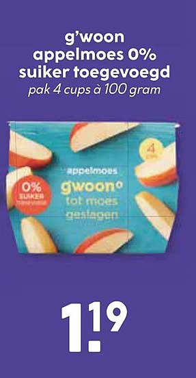 g'woon appelmoes 0% suiker toegevoegd pak 4 cups à 100 gram
