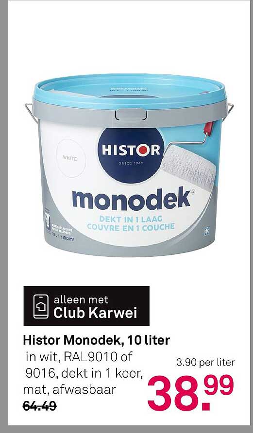 Histor Monodek, 10 liter in wit, RAL9010 of 9016, dekt in 1 keer, mat, afwasbaar