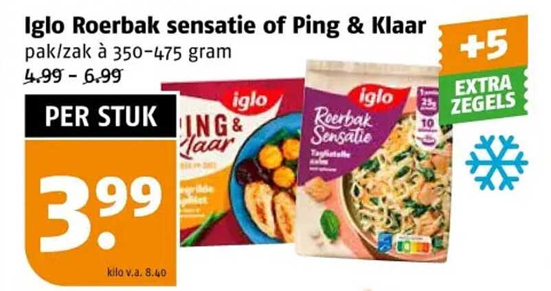 Iglo Roerbak sensatie of Ping & Klaar pak/zak à 350-475 gram