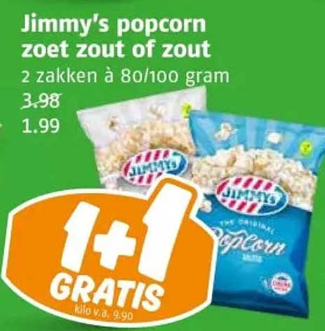 Jimmy's popcorn zoet zout of zout 2 zakken à 80/100 gram