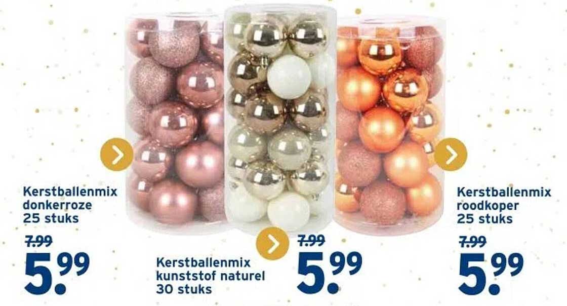 Kerstballenmix donkerroze 25 stuks, Kerstballenmix kunststof natuur 30 stuks, Kerstballenmix roestkoper 25 stuks