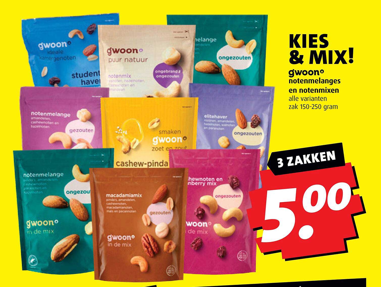 KIES & MIX! gwoon notenmelanges en notenmixen alle varianten zak 150-250 gram