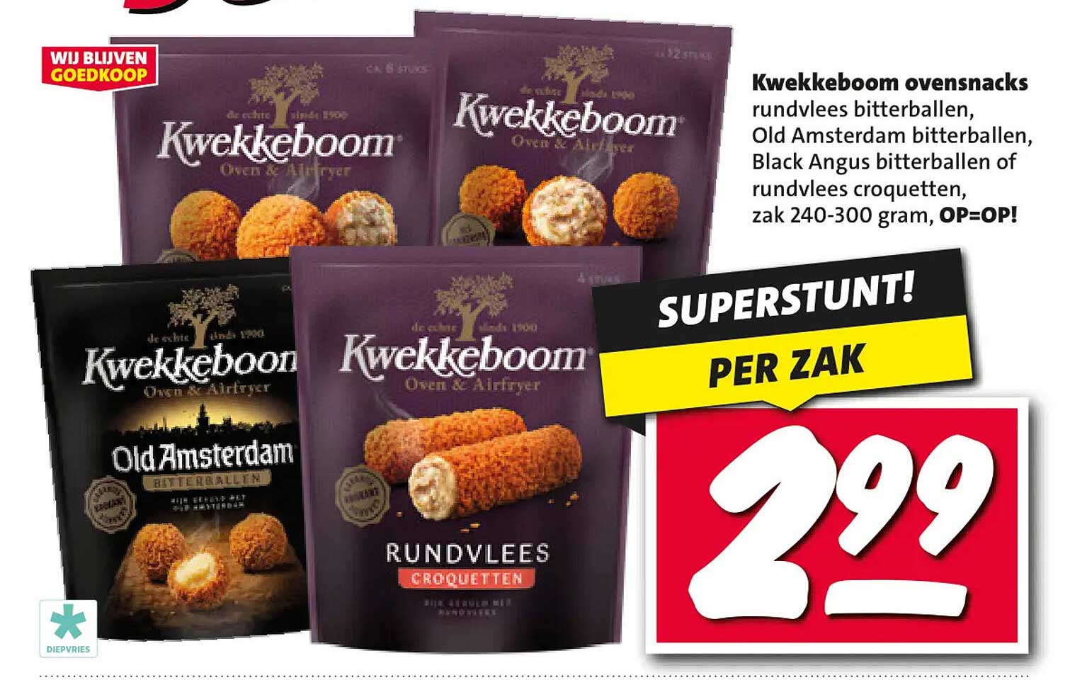 Kwekkeboom ovendsnacks rundvlees bitterballen, Old Amsterdam bitterballen, Black Angus bitterballen of rundvlees croquetten, zak 240-300 gram, OP=OP!