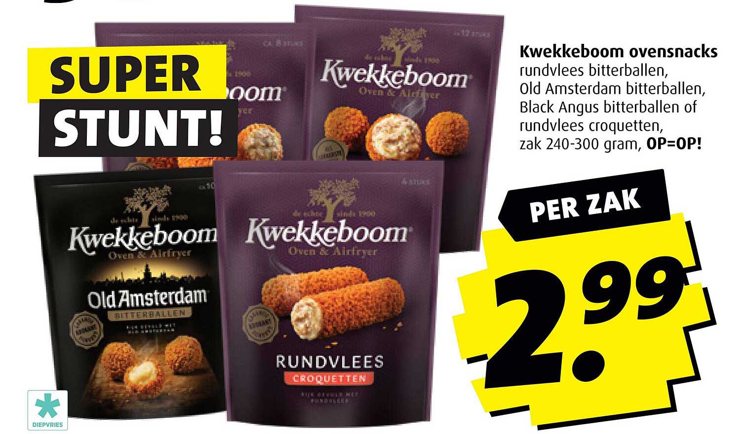 Kwekkeboom ovensnacks rundvlees bitterballen, Old Amsterdam bitterballen, Black Angus bitterballen of rundvlees croquetten, zak 240-300 gram, OP=OP!