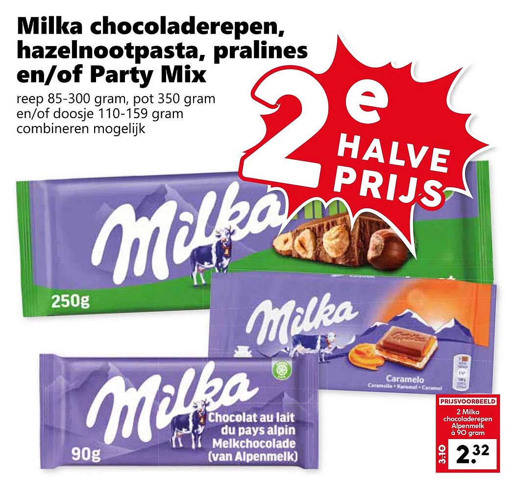 Milka chocola reep, hazelnootpasta, pralines en/of Party Mix