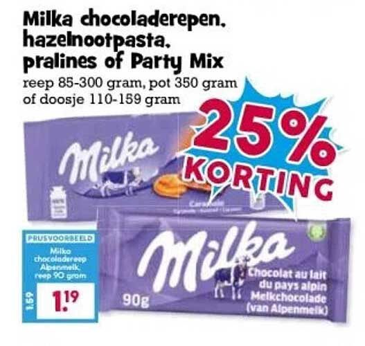 Milka chocoladerepen, hazelnootpasta, pralines of Party Mix
