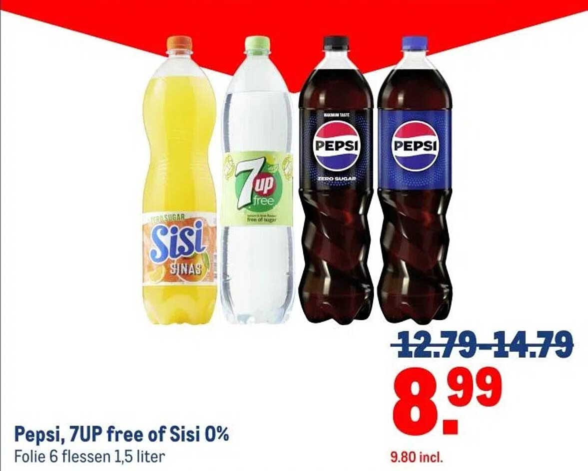 Pepsi, 7UP free of Sisi 0%, Folie 6 flessen 1,5 liter