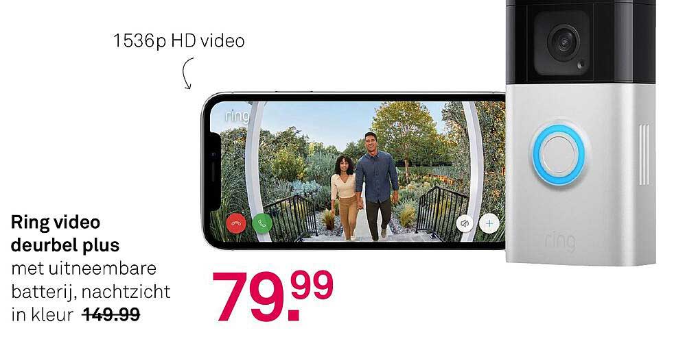 Ring video deurbel plus met uitneembare batterij, nachtzicht in kleur