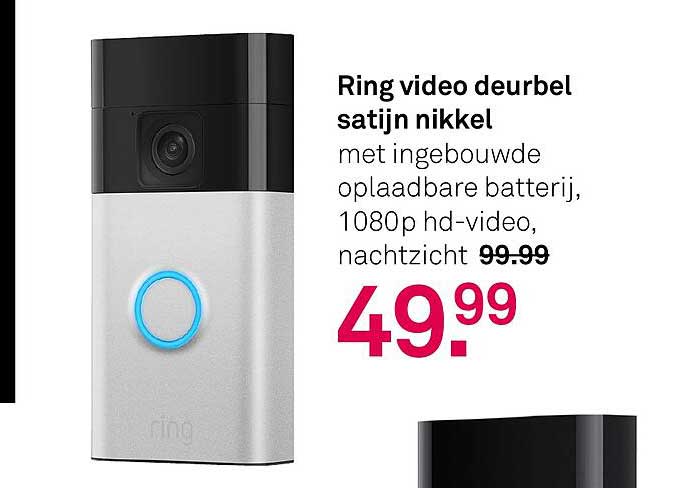 Ring video deurbel satijn nikkel met ingebouwde oplaadbare batterij, 1080p hd-video, nachtzicht