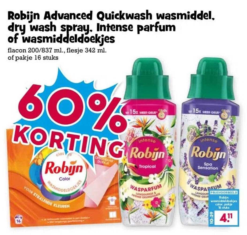 Robijn Advanced Quickwash wasmiddel, dry wash spray, Intense parfum of wasmiddeldoekjes