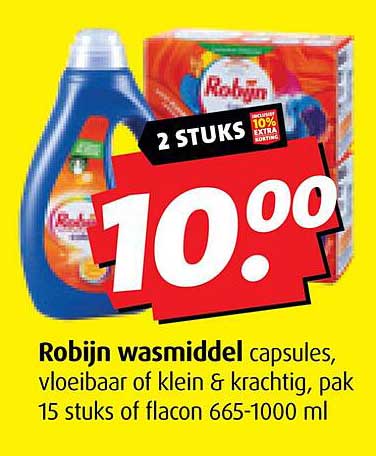 Robijn wasmiddel capsules, vloeibaar of klein & krachtig, pak 15 stuks of flacon 665-1000 ml