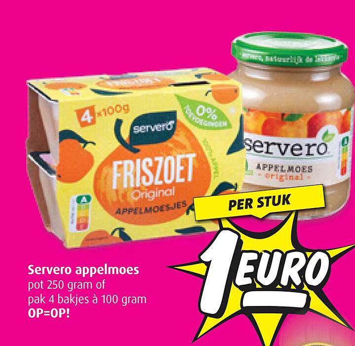 Servero appelmoes pot 250 gram of pak 4 bakjes à 100 gram OP=OP!