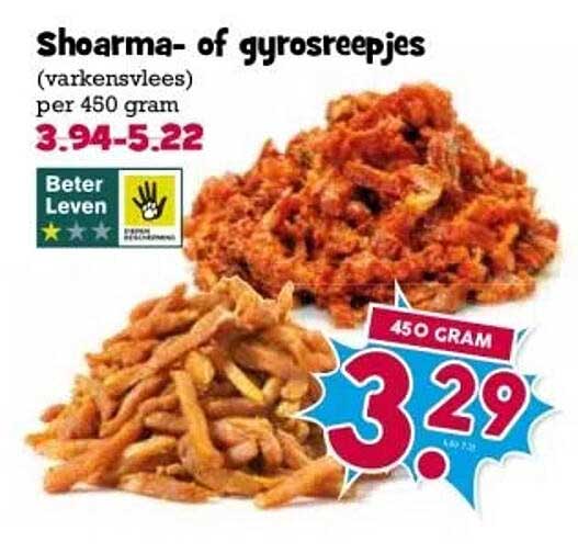 Shoarma- of gyrosreepjes (varkensvlees) per 450 gram