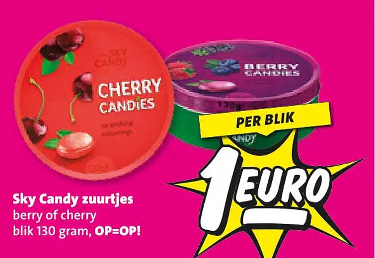 Sky Candy zuurtjes berry of cherry blik 130 gram, OP=OP!
