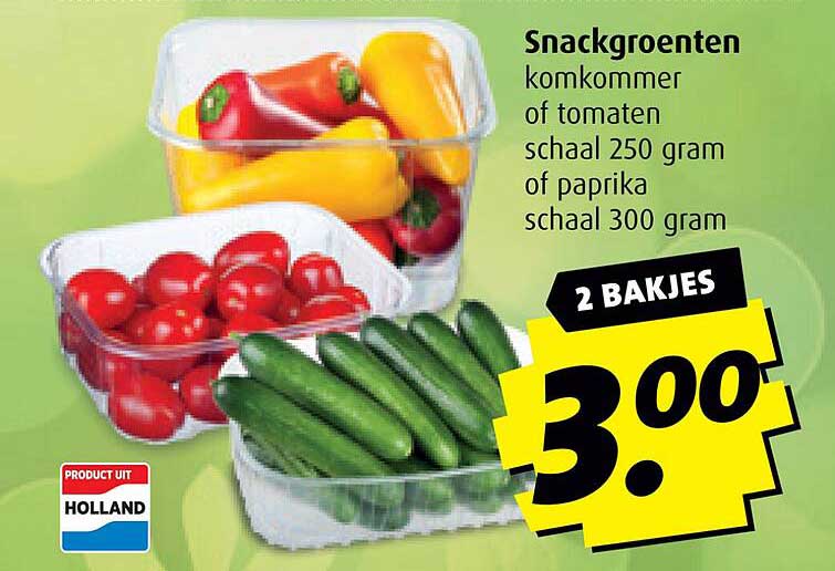 Snackgroenten komkommer of tomaten schaal 250 gram of paprika schaal 300 gram
