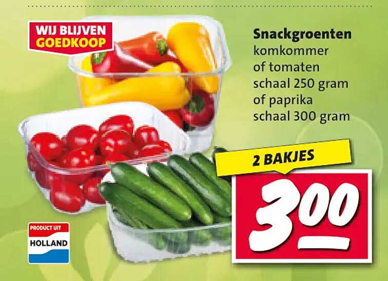 Snackgroenten komkommer of tomaten schaal 250 gram of paprika schaal 300 gram