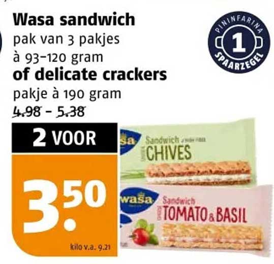 Wasa sandwich pak van 3 pakjes à 93-120 gram of delicate crackers pakje à 190 gram