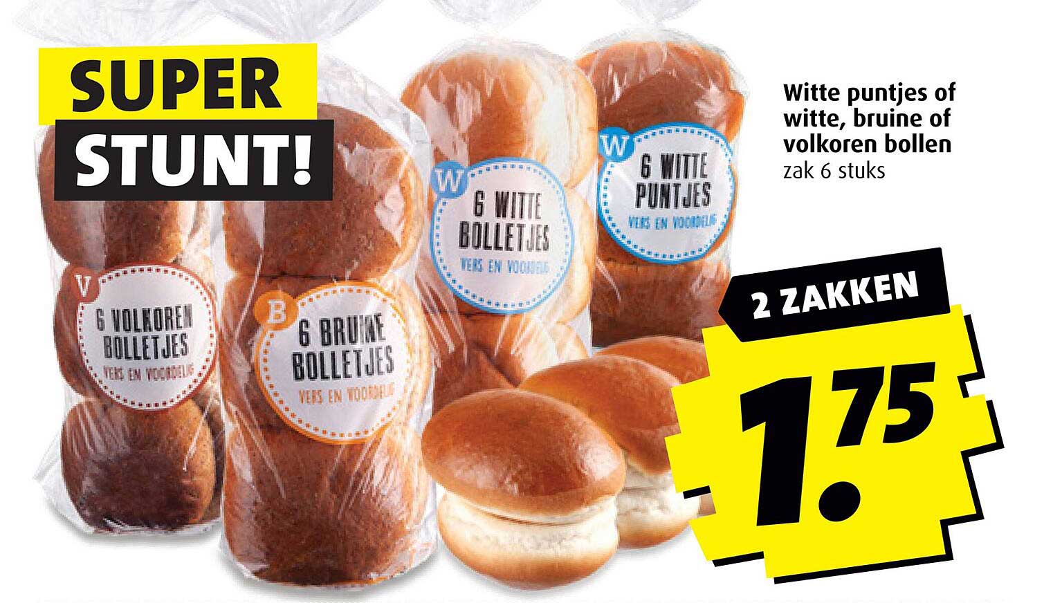Witte puntjes of witte, bruine of volkoren bollen zak 6 stuks
