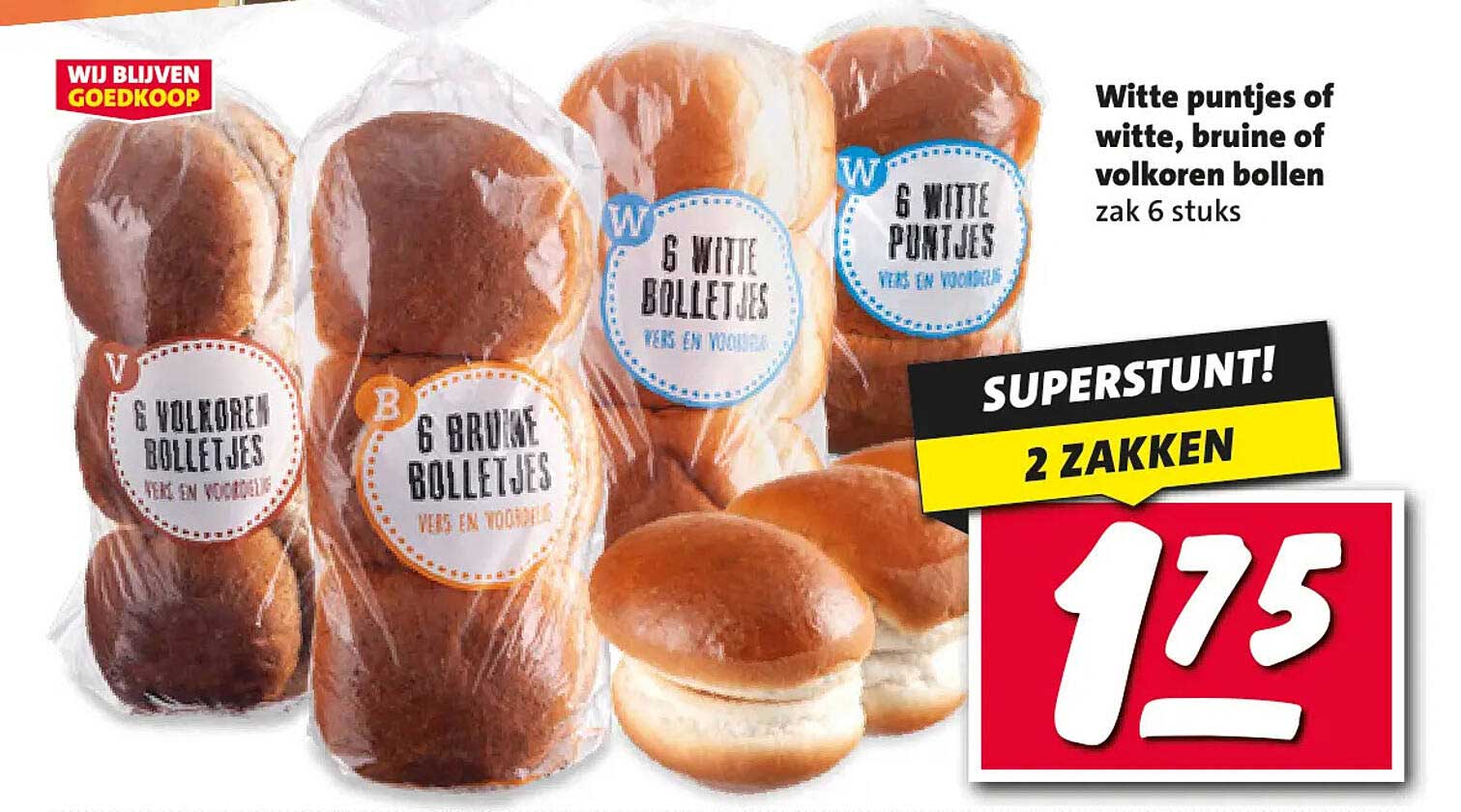 Witte puntjes of witte, bruine of volkoren bollen zak 6 stuks