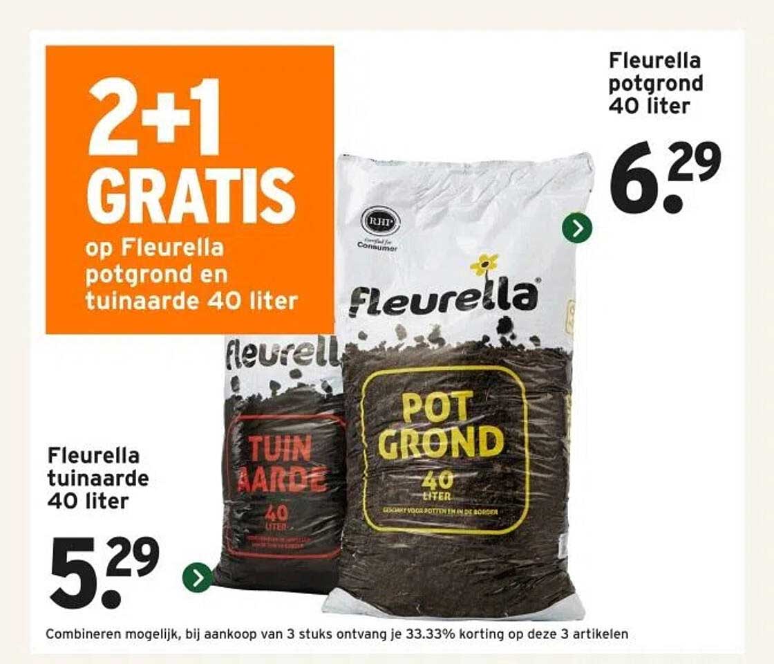 2+1 GRATIS op Fleurella potgrond en tuinaarde 40 liter