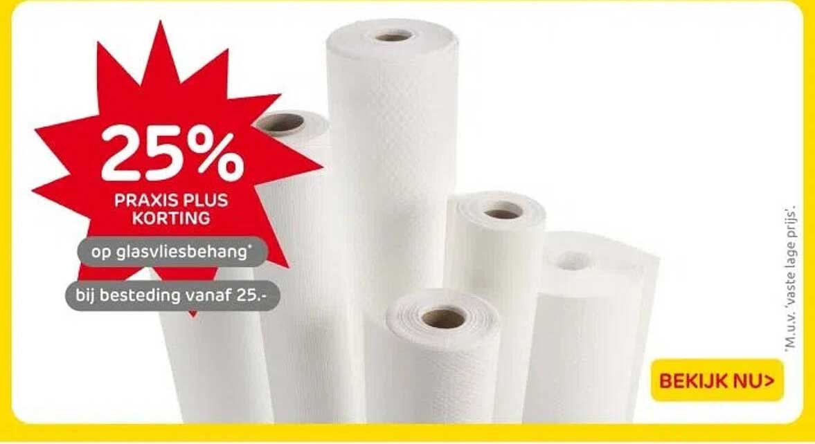 25% PRAXIS PLUS KORTING op glasvliesbehang bij besteding vanaf 25.-