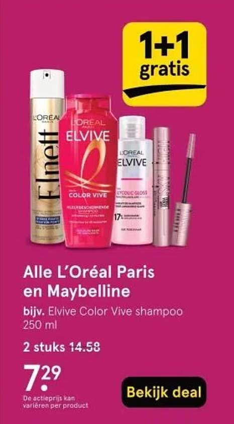 Alle L’Oréal Paris en Maybelline bijv. Elvive Color Vive shampoo 250 ml
