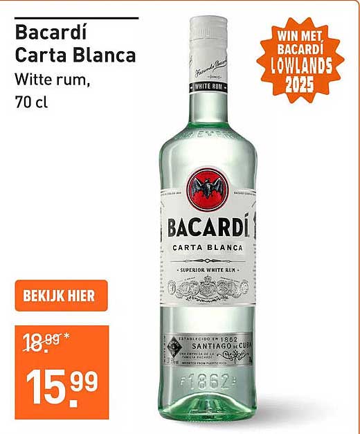 Bacardí Carta Blanca Witte rum, 70 cl