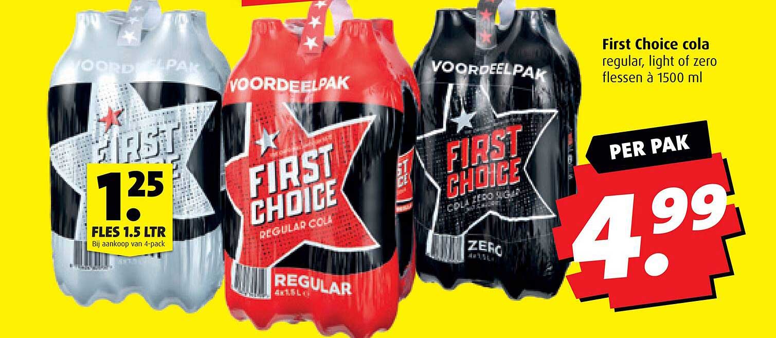 First Choice cola regular, light of zero flessen à 1500 ml