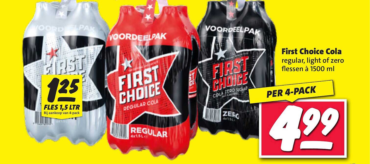 First Choice Cola regular, light of zero flessen à 1500 ml