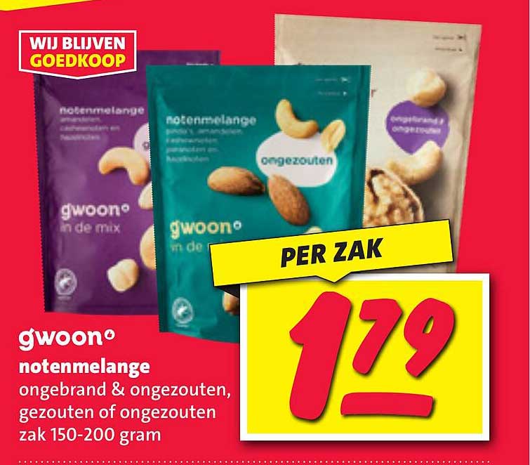 gwoon notenmengeling ongebrand & ongezouten, gezouten of ongezouten zak 150-200 gram