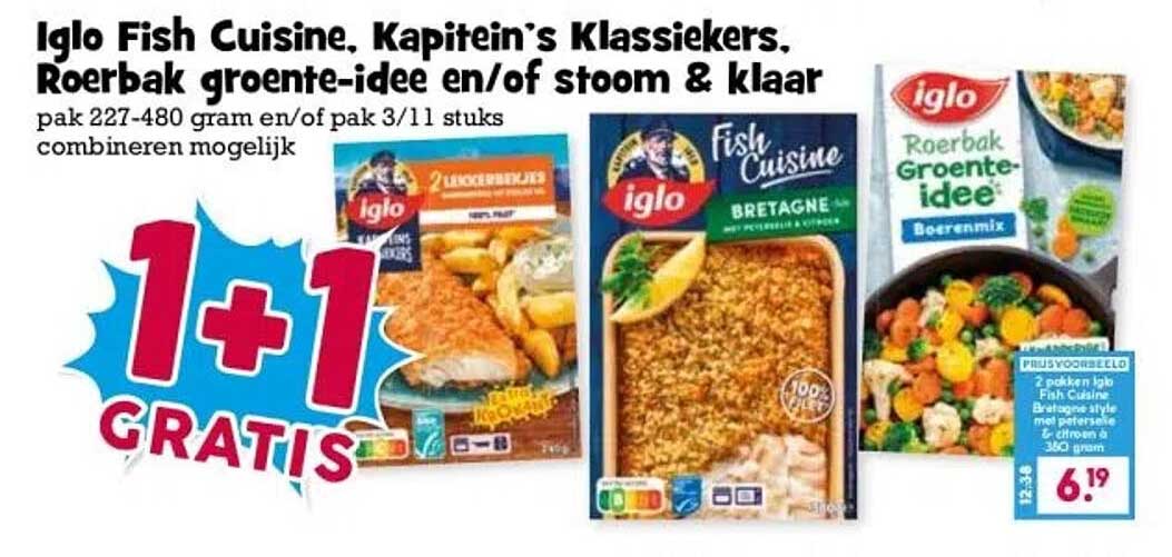 Iglo Fish Cuisine, Kapitein’s Klassiekers, Roerbak groente-idee en/of Stoom & Klaag