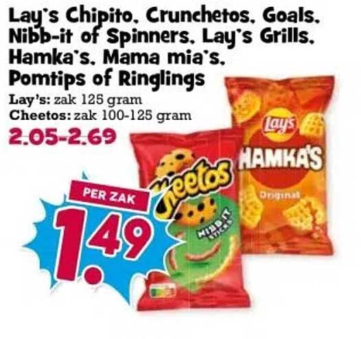 Lay's Chipito, Crunchetos, Goals, Nibb-it of Spinners, Lay's Grills, Hamka's, Mama mia's, Pomtips of Ringlings