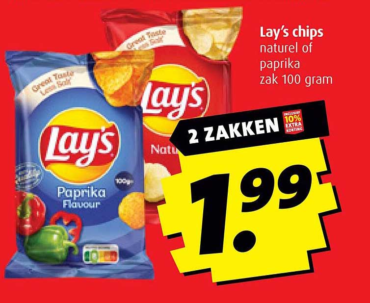 Lay’s chips naturel of paprika zak 100 gram