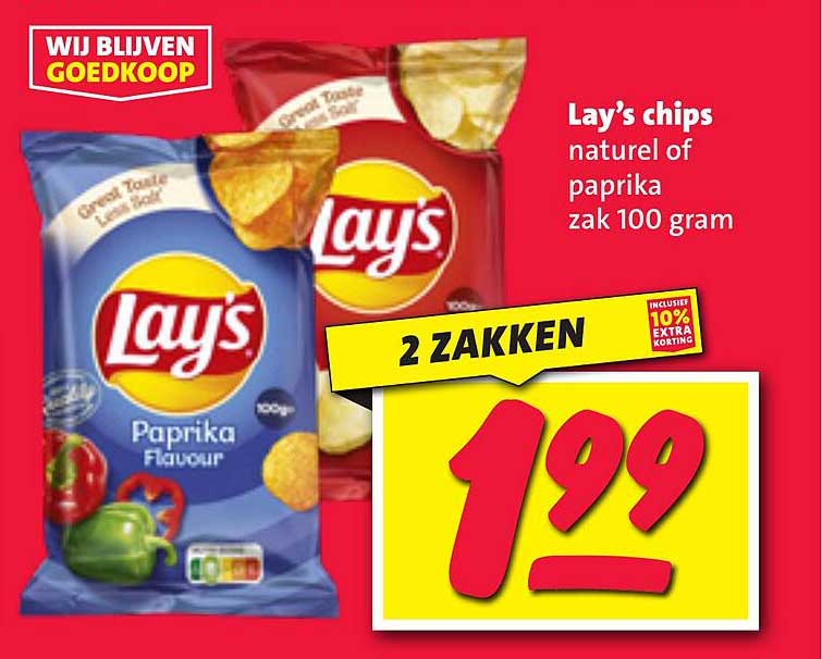 Lay’s chips naturel of paprika zak 100 gram