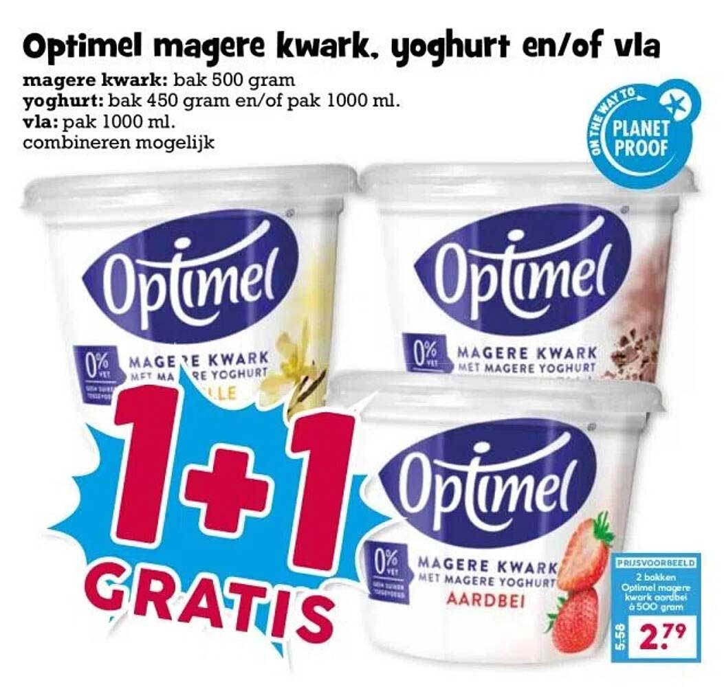 Optimel magere kwark, yoghurt en/of vla 1+1 GRATIS