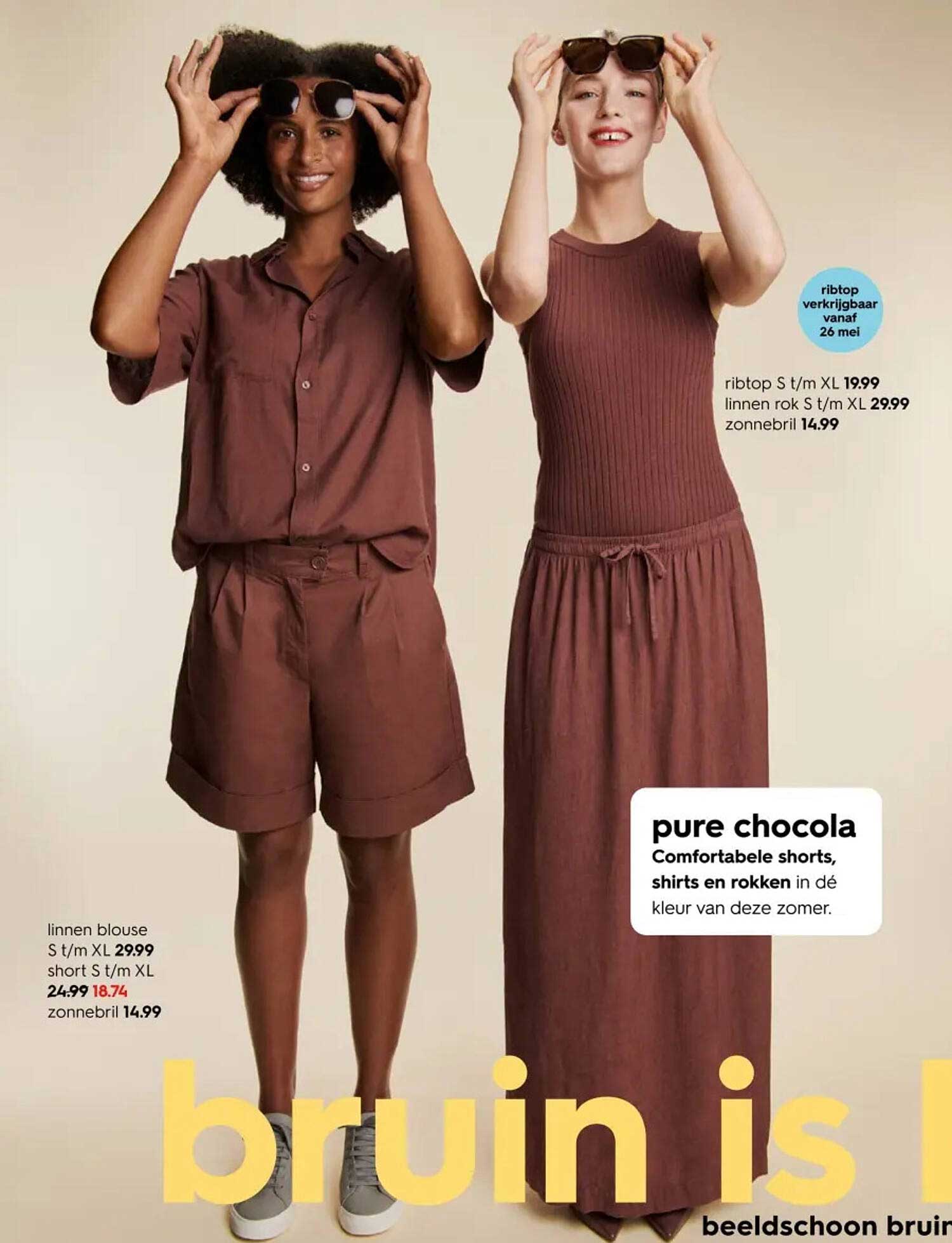 ribtop S t/m XL 19,99; linnen rok S t/m XL 29,99; zonnebril 14,99
