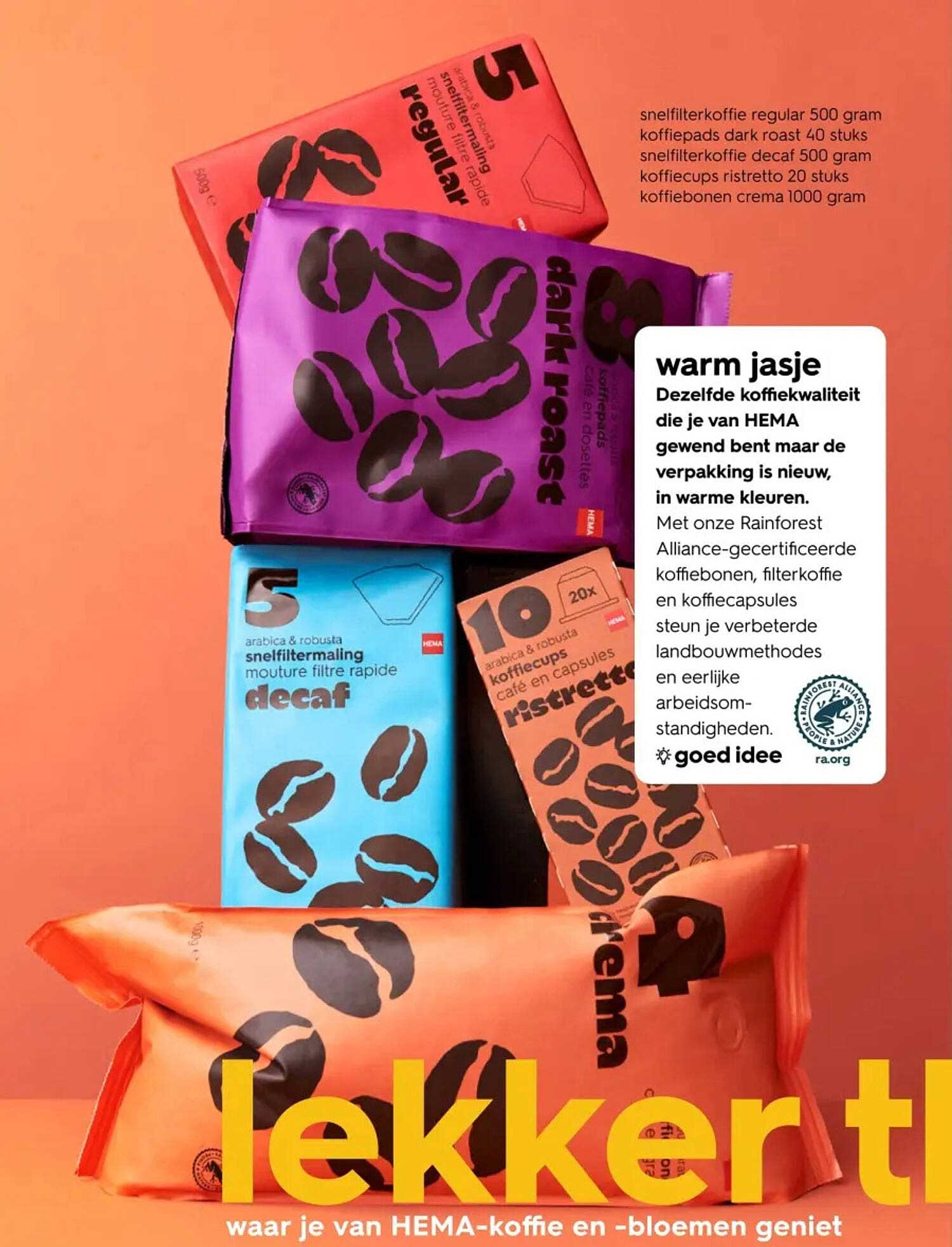 snelfilterkoffie regular 500 gram, koffiepads dark roast 40 stuks, snelfilterkoffie decaf 500 gram, koffiecups ristretto 20 stuks, koffiebonen crema 1000 gram