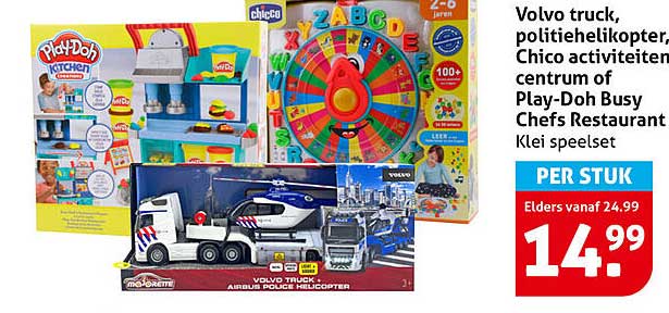 Volvo truck, politiehelikopter, Chico activiteiten centrum of Play-Doh Busy Chefs Restaurant