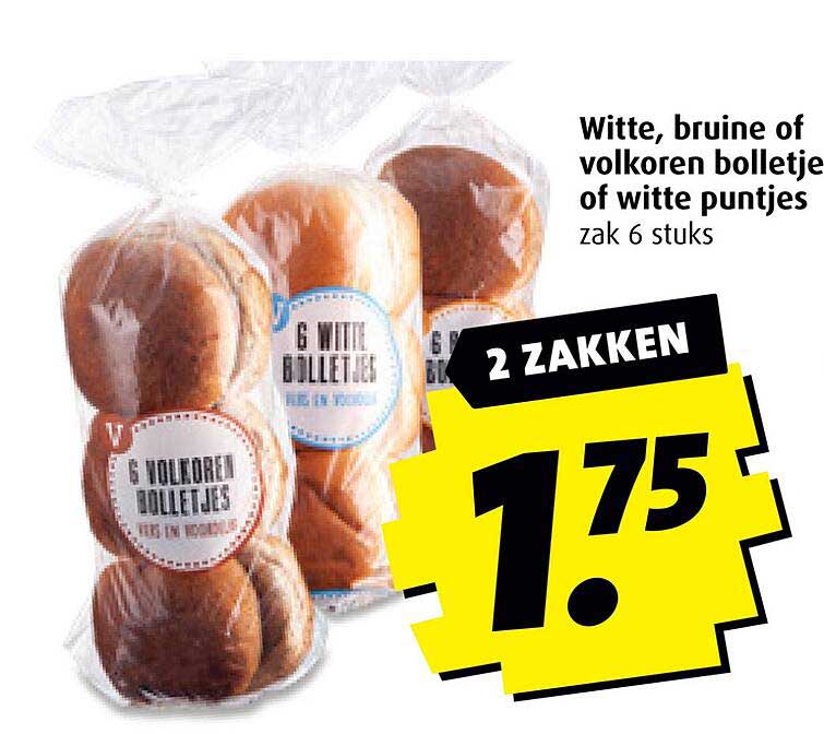 Witte, bruine of volkoren bolletje of witte puntjes zak 6 stuks