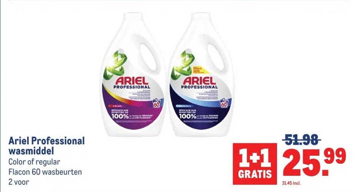 Ariel Professional wasmiddel Color of regular Flacon 60 wasbeurten 2 voor 1+1 gratis