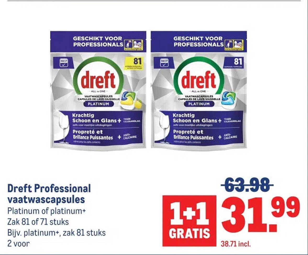 Dreft Professional vaatwascapsules Platinum of platinum+ Zak 81 of 71 stuks 1+1 gratis