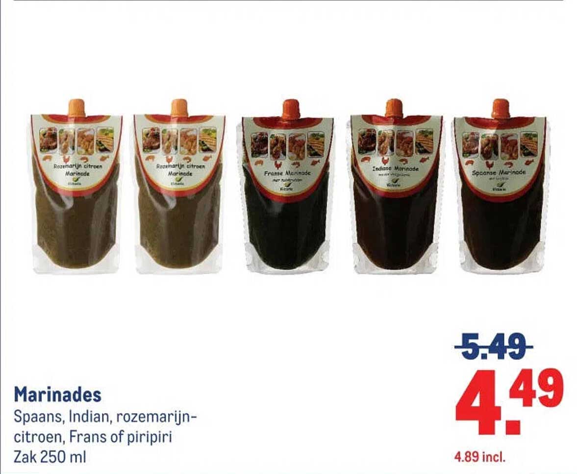 Marinades Spaans, Indian, rozemarijn-citroen Frans of piripiri Zak 250 ml