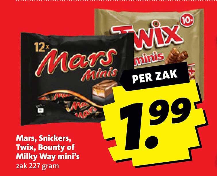 Mars, Snickers, Twix, Bounty of Milky Way mini’s zak 227 gram