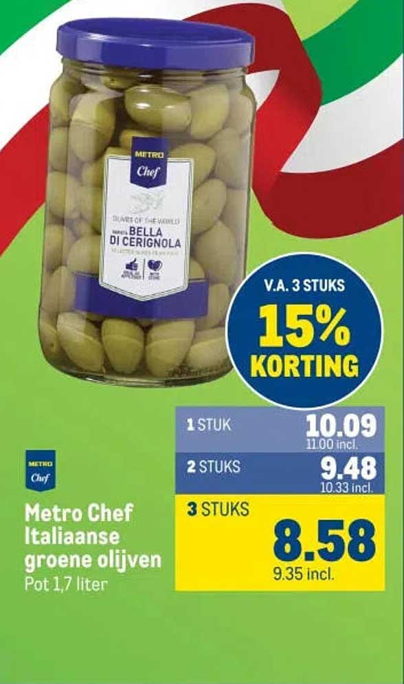 Metro Chef Italiaanse groene olijven Pot 1,7 liter V.A. 3 STUKS 15% KORTING