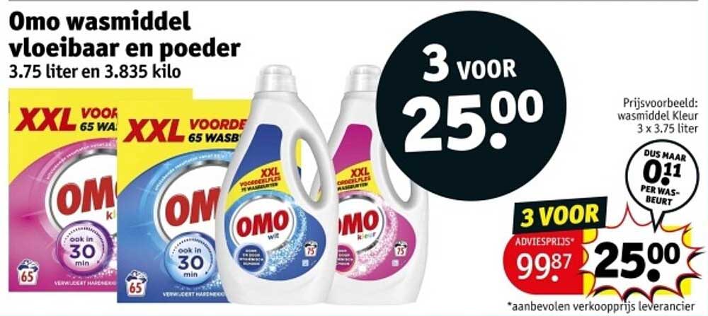 Omo wasmiddel vloeibaar en poeder 3.75 liter en 3.835 kilo 3 voor 25.00