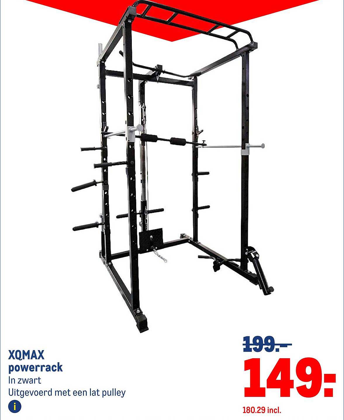 XQMAX powerrack in zwart uitgevoerd met een lat pulley