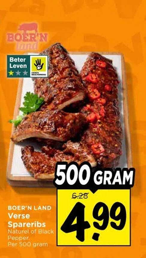 Boer'n land Verse Spareribs Naturel of Black Pepper Per 500 gram